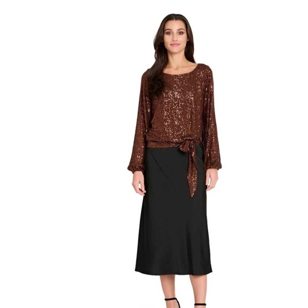 $109 Tahari ASL Sequin Tie-Hem Top Chocolate Size M